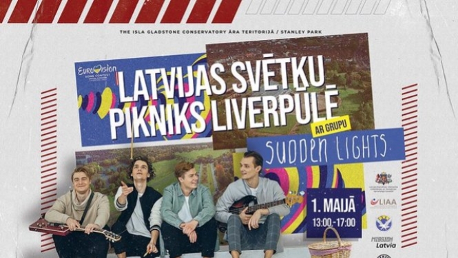 Aicinājums uz Latvijas svētku pikniku Liverpūlē ar grupu "Sudden Lights"